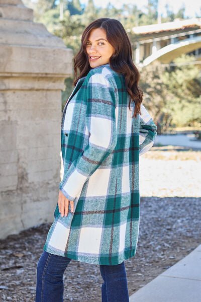 Double Take Full Size Plaid Button Up Lapel Collar Coat - Loulou Boutique