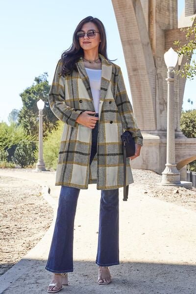 Double Take Full Size Plaid Button Up Lapel Collar Coat - Loulou Boutique