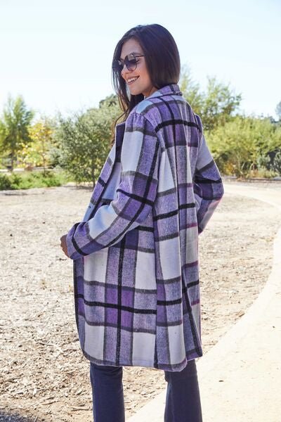 Double Take Full Size Plaid Button Up Lapel Collar Coat - Loulou Boutique