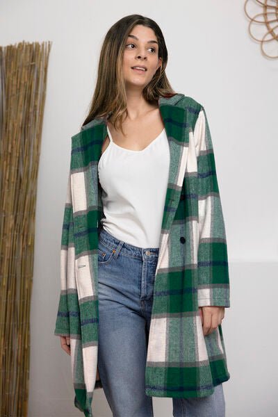 Double Take Full Size Plaid Button Up Lapel Collar Coat - Loulou Boutique