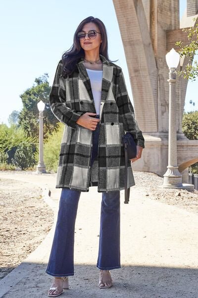 Double Take Full Size Plaid Button Up Lapel Collar Coat - Loulou Boutique