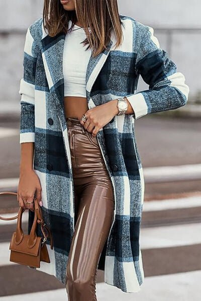 Double Take Full Size Plaid Button Up Lapel Collar Coat - Loulou Boutique