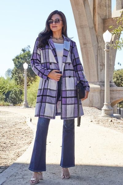 Double Take Full Size Plaid Button Up Lapel Collar Coat - Loulou Boutique