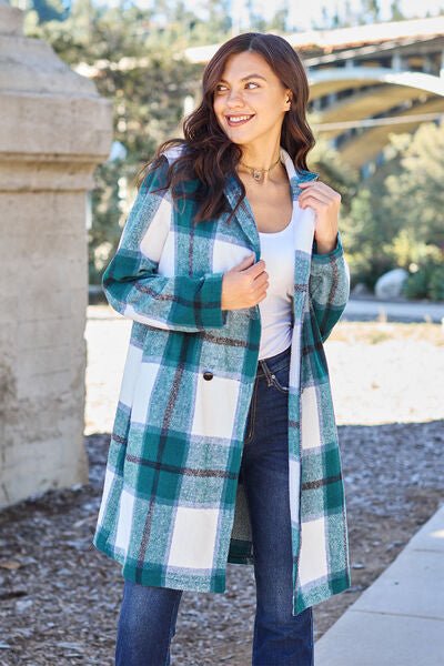 Double Take Full Size Plaid Button Up Lapel Collar Coat - Loulou Boutique