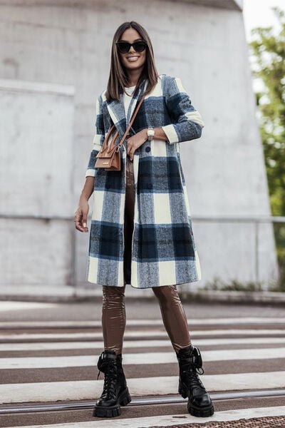 Double Take Full Size Plaid Button Up Lapel Collar Coat - Loulou Boutique