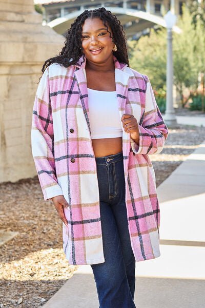 Double Take Full Size Plaid Button Up Lapel Collar Coat - Loulou Boutique