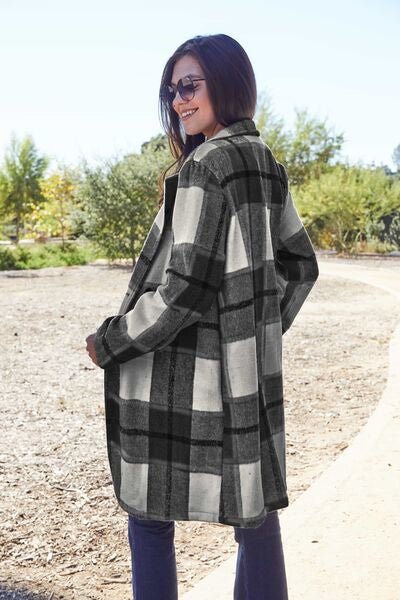 Double Take Full Size Plaid Button Up Lapel Collar Coat - Loulou Boutique