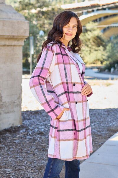 Double Take Full Size Plaid Button Up Lapel Collar Coat - Loulou Boutique