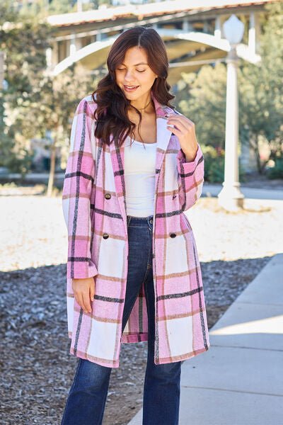 Double Take Full Size Plaid Button Up Lapel Collar Coat - Loulou Boutique