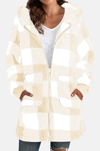 Double Take Full Size Plaid Long Sleeve Hooded Coat - Loulou Boutique