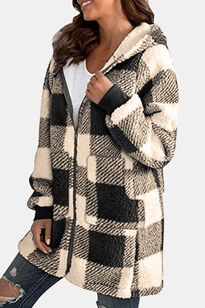 Double Take Full Size Plaid Long Sleeve Hooded Coat - Loulou Boutique