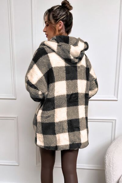 Double Take Full Size Plaid Long Sleeve Hooded Coat - Loulou Boutique