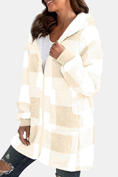 Double Take Full Size Plaid Long Sleeve Hooded Coat - Loulou Boutique