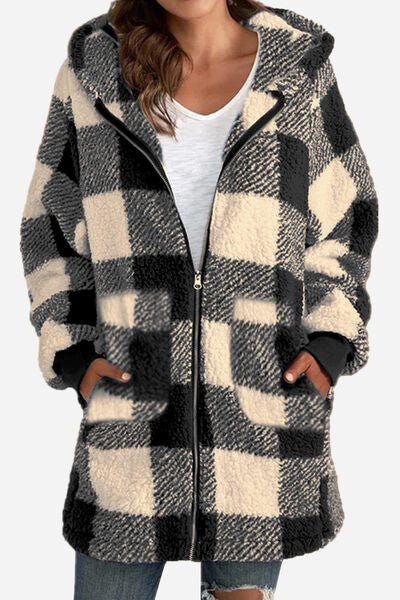 Double Take Full Size Plaid Long Sleeve Hooded Coat - Loulou Boutique