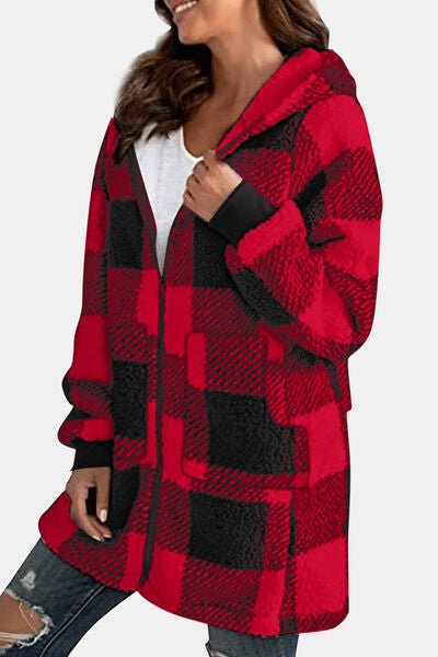 Double Take Full Size Plaid Long Sleeve Hooded Coat - Loulou Boutique
