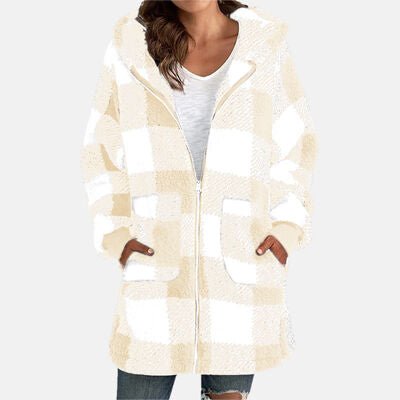 Double Take Full Size Plaid Long Sleeve Hooded Coat - Loulou Boutique