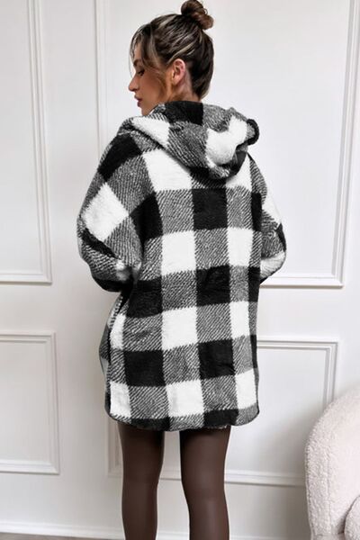 Double Take Full Size Plaid Long Sleeve Hooded Coat - Loulou Boutique