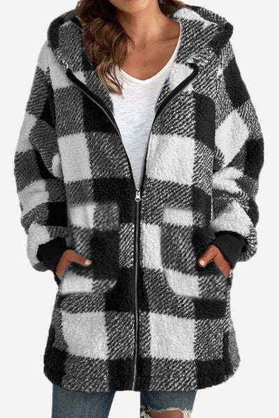 Double Take Full Size Plaid Long Sleeve Hooded Coat - Loulou Boutique
