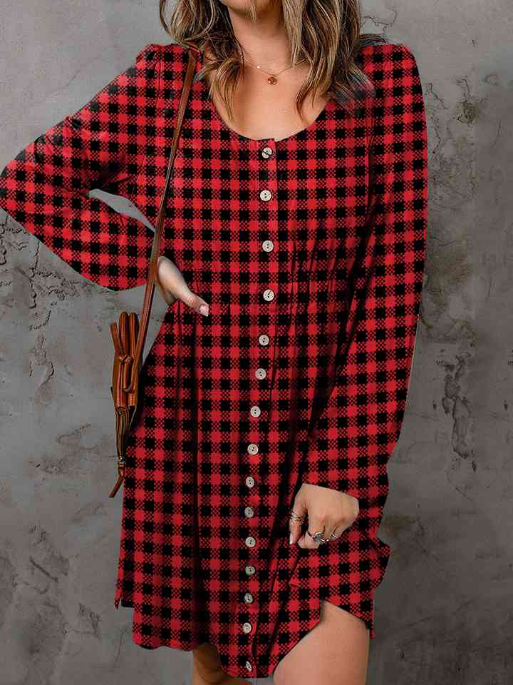 Double Take Full Size Plaid Round Neck Long Sleeve Magic Dress - Loulou Boutique