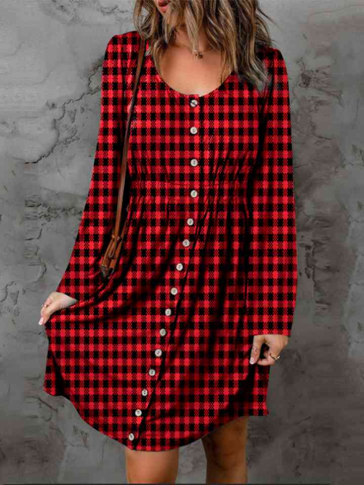 Double Take Full Size Plaid Round Neck Long Sleeve Magic Dress - Loulou Boutique