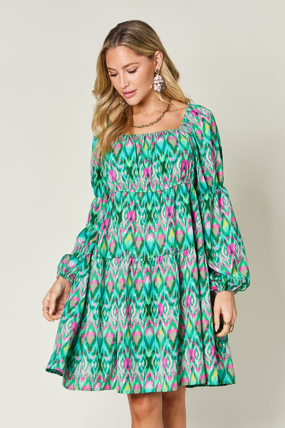 Double Take Full Size Printed Long Sleeve Dress - Loulou Boutique