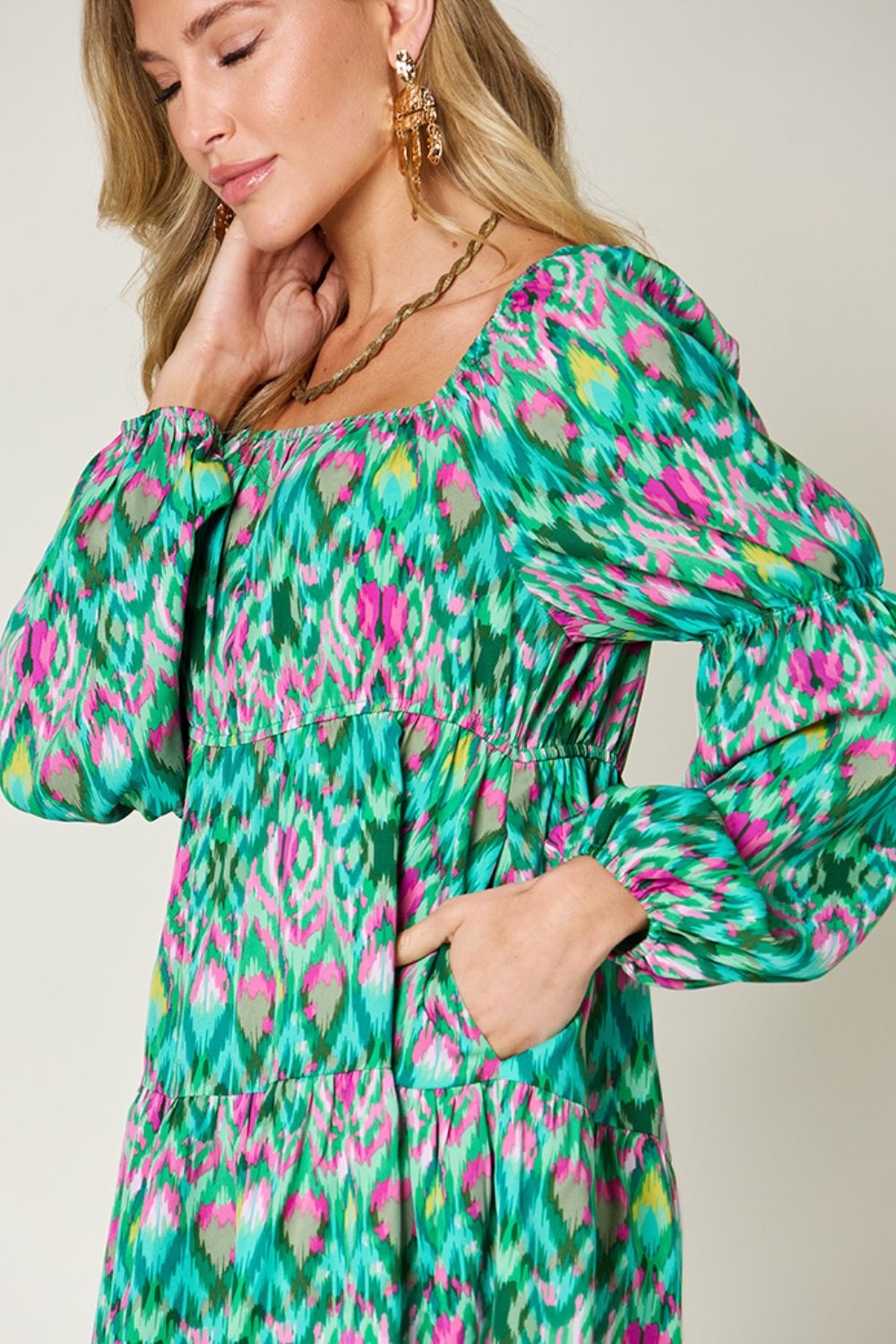 Double Take Full Size Printed Long Sleeve Dress - Loulou Boutique