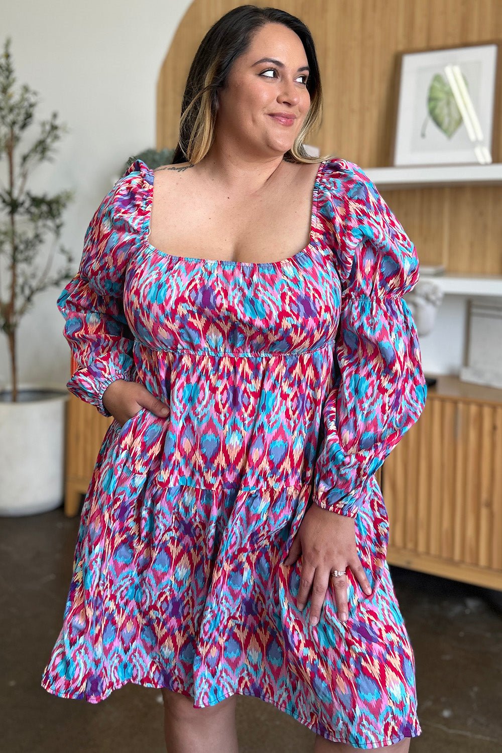 Double Take Full Size Printed Long Sleeve Dress - Loulou Boutique