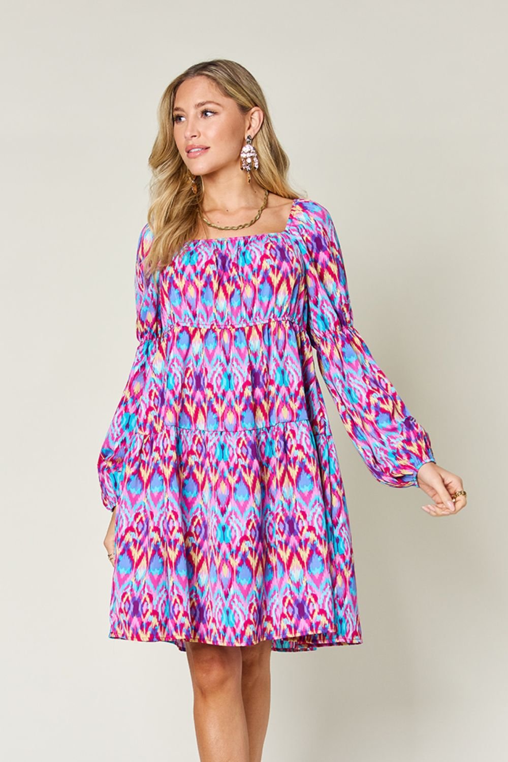 Double Take Full Size Printed Long Sleeve Dress - Loulou Boutique