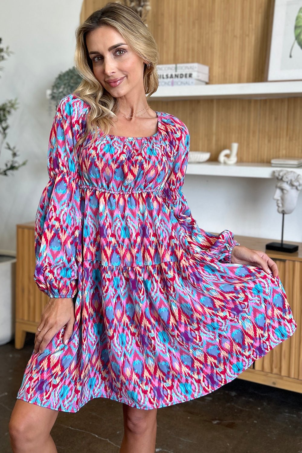 Double Take Full Size Printed Long Sleeve Dress - Loulou Boutique