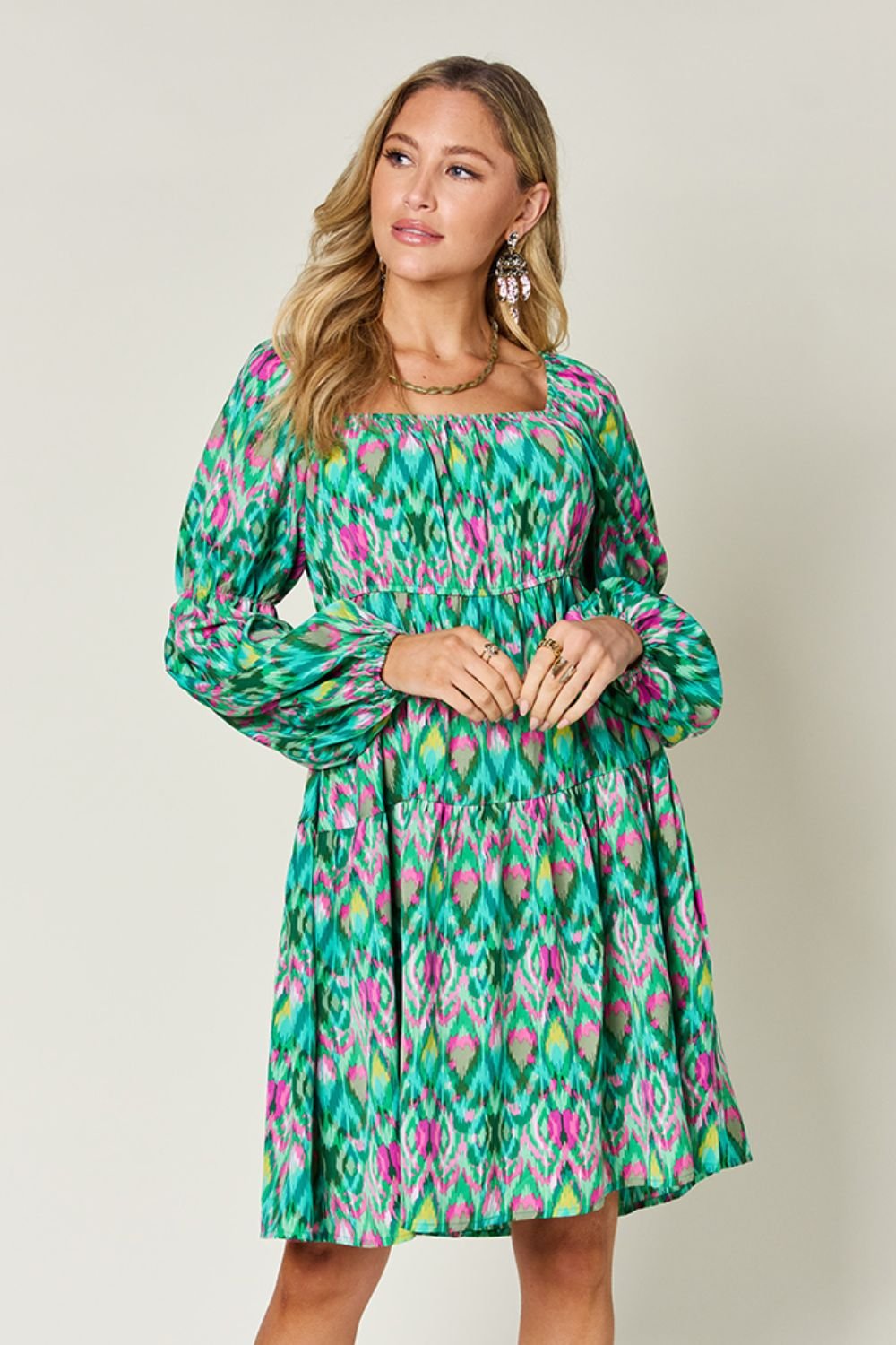 Double Take Full Size Printed Long Sleeve Dress - Loulou Boutique