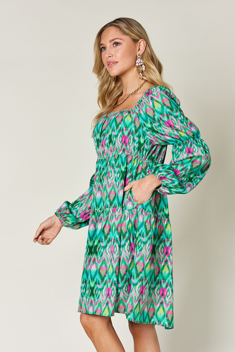 Double Take Full Size Printed Long Sleeve Dress - Loulou Boutique