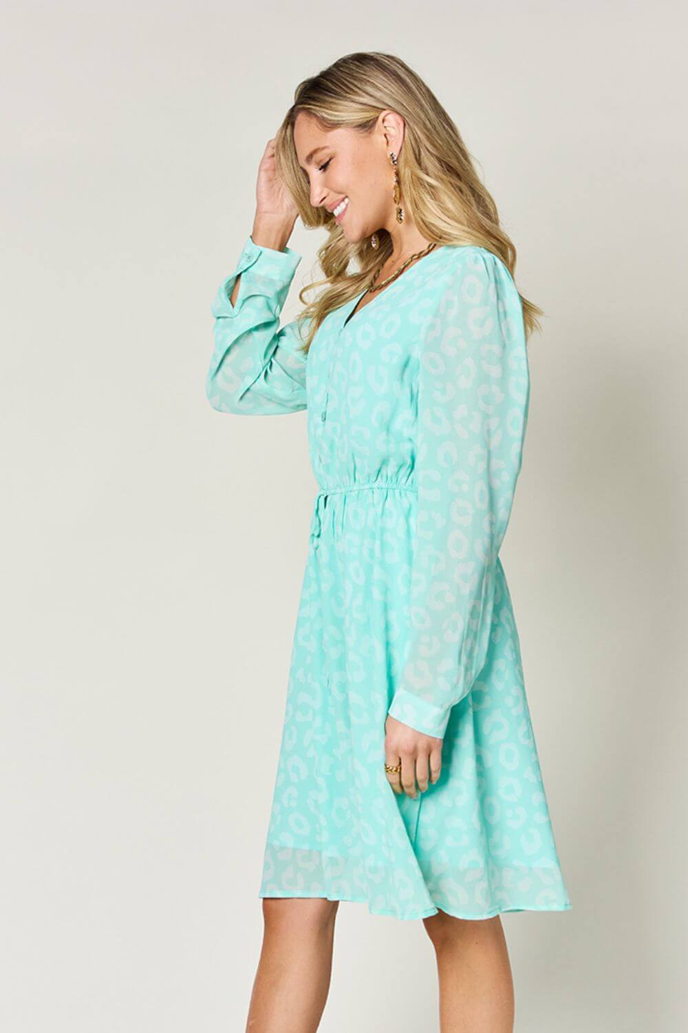 Double Take Full Size Printed Ruched V - Neck Long Sleeve Dress - Loulou Boutique