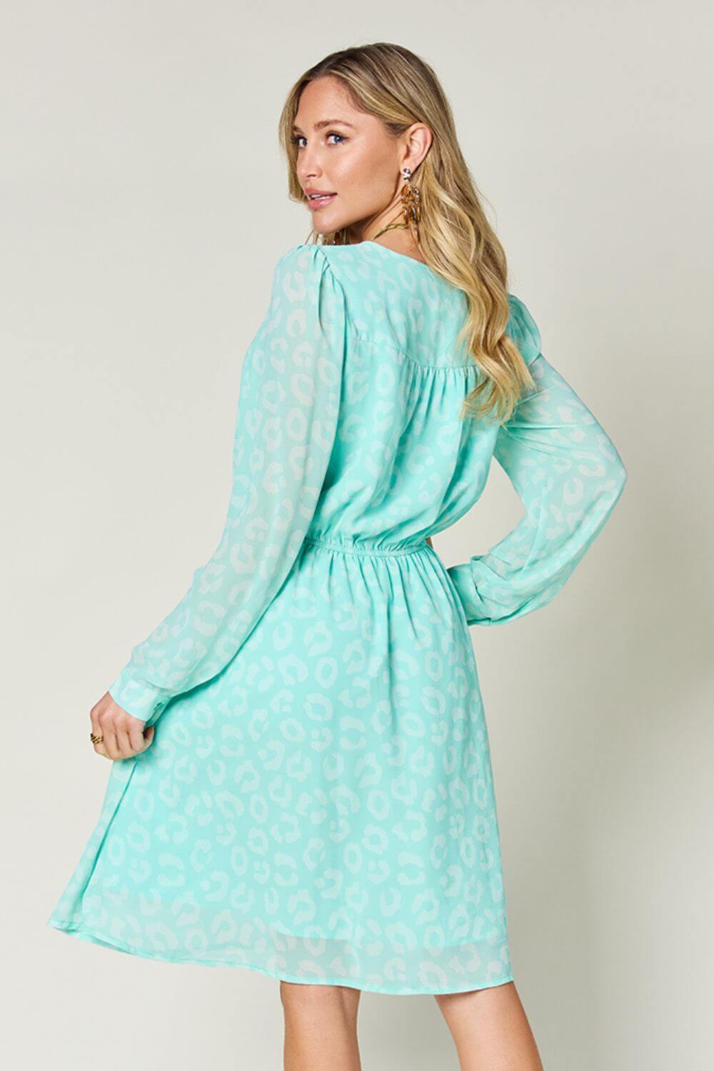 Double Take Full Size Printed Ruched V - Neck Long Sleeve Dress - Loulou Boutique