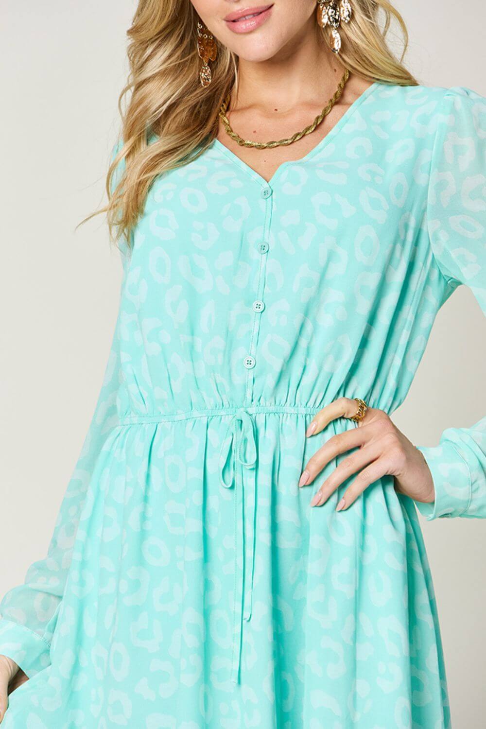 Double Take Full Size Printed Ruched V - Neck Long Sleeve Dress - Loulou Boutique