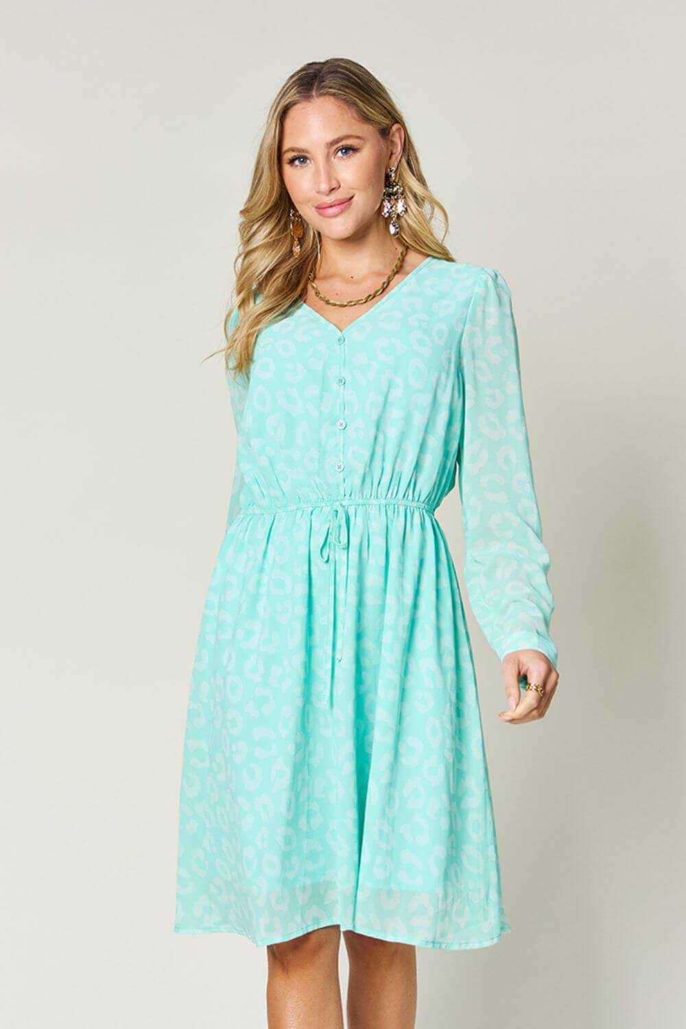 Double Take Full Size Printed Ruched V - Neck Long Sleeve Dress - Loulou Boutique