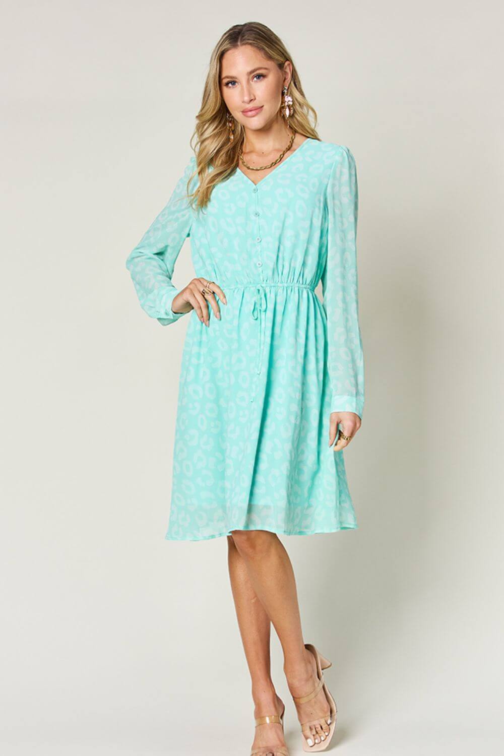 Double Take Full Size Printed Ruched V - Neck Long Sleeve Dress - Loulou Boutique