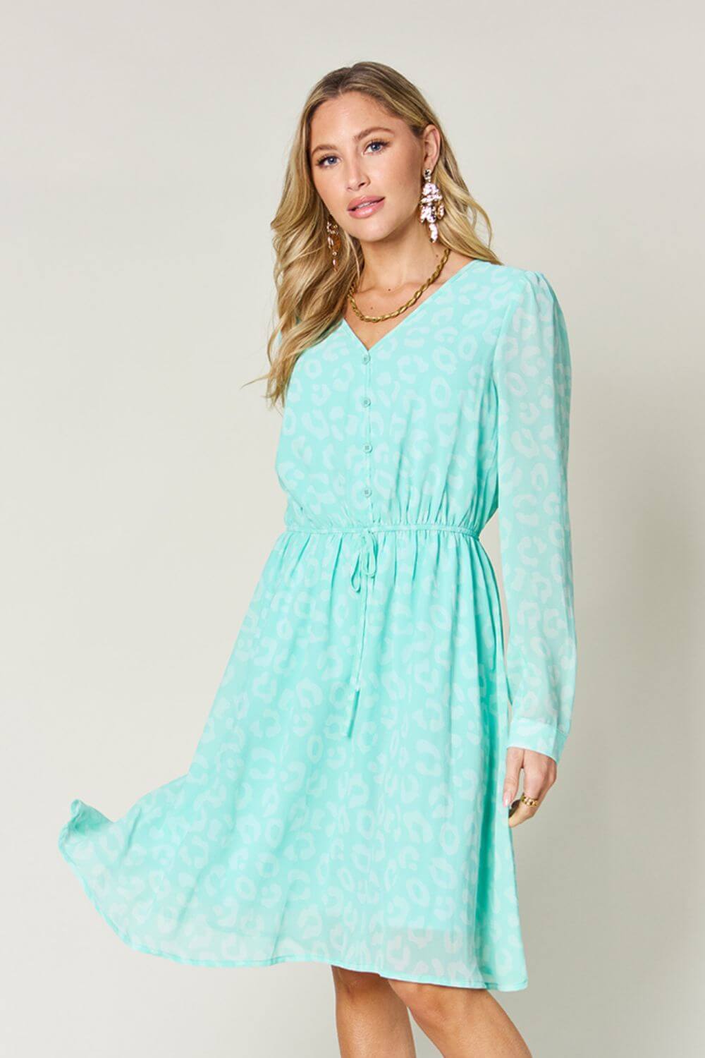 Double Take Full Size Printed Ruched V - Neck Long Sleeve Dress - Loulou Boutique