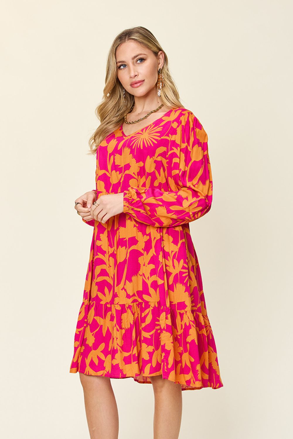 Double Take Full Size Printed Ruffle Hem Long Sleeve Dress - Loulou Boutique