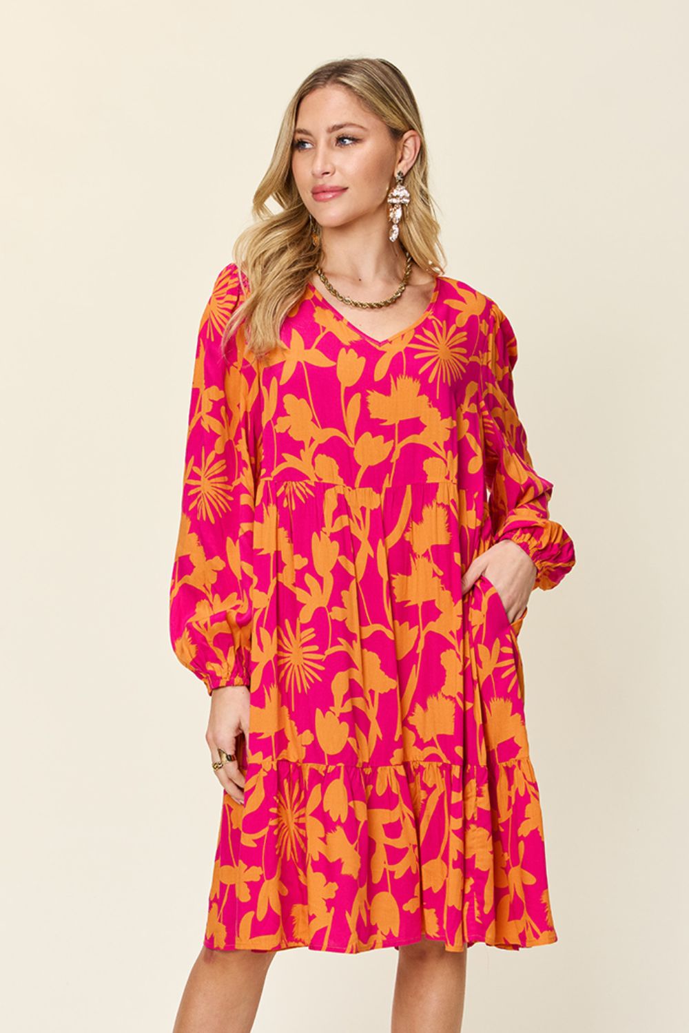Double Take Full Size Printed Ruffle Hem Long Sleeve Dress - Loulou Boutique