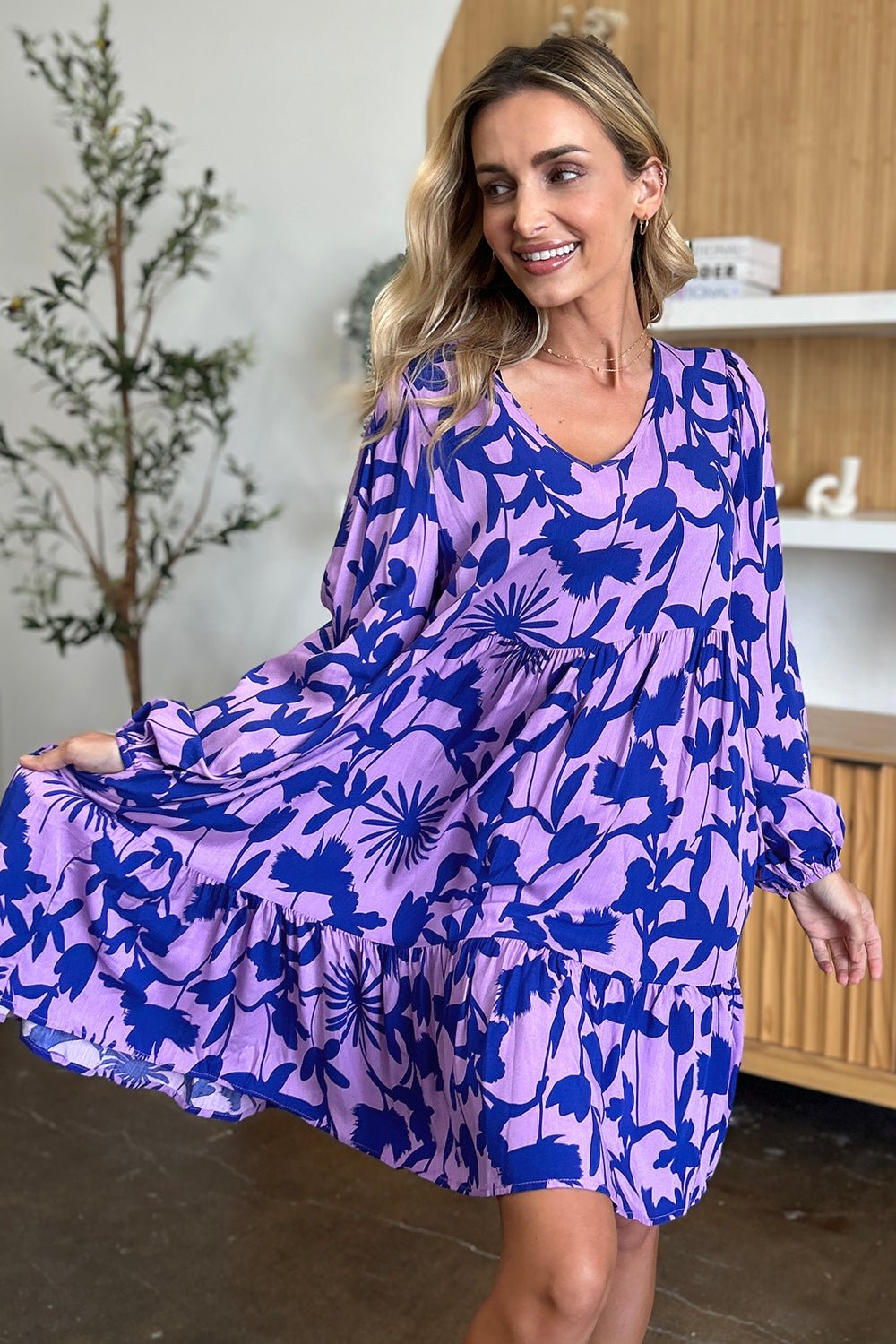 Double Take Full Size Printed Ruffle Hem Long Sleeve Dress - Loulou Boutique