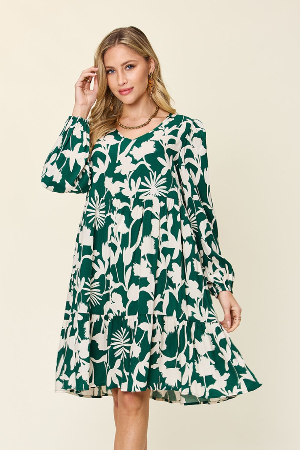 Double Take Full Size Printed Ruffle Hem Long Sleeve Dress - Loulou Boutique