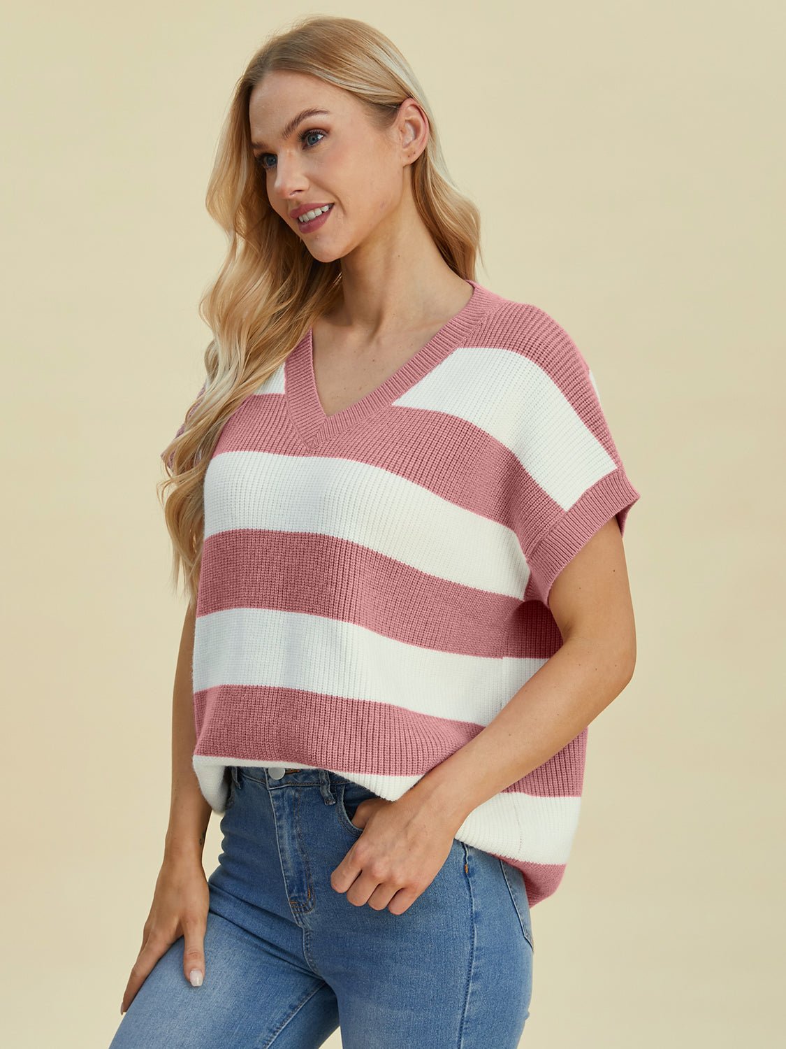 Double Take Full Size Striped V - Neck Short Sleeve Sweater - Loulou Boutique