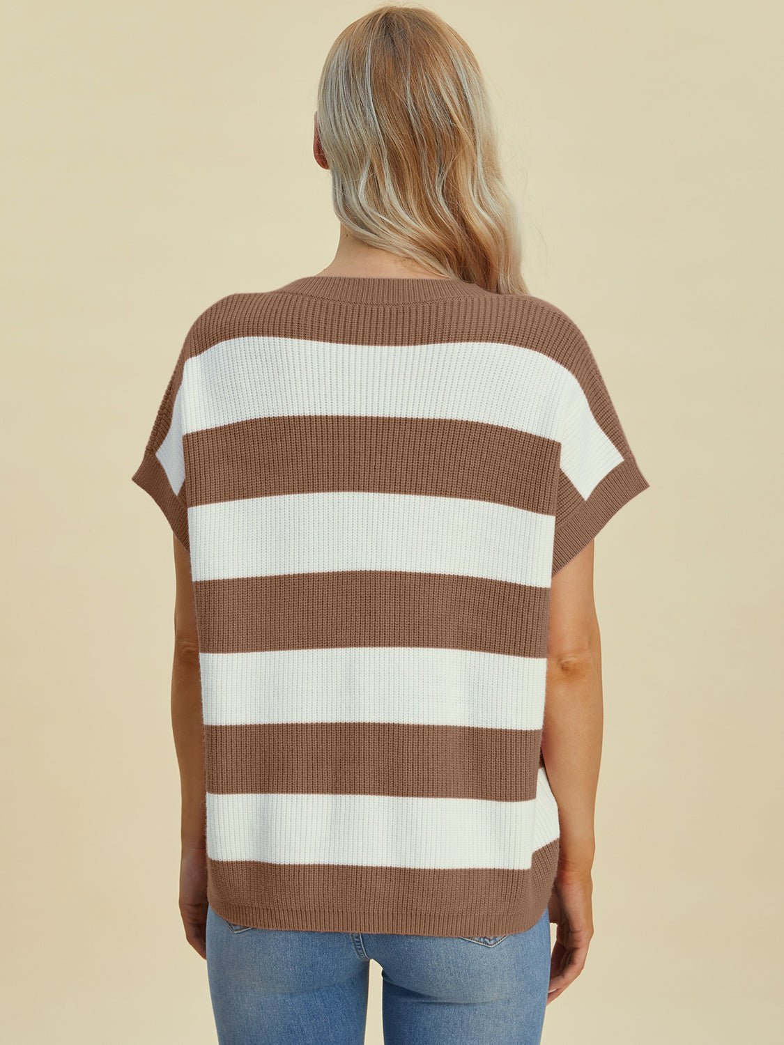 Double Take Full Size Striped V - Neck Short Sleeve Sweater - Loulou Boutique