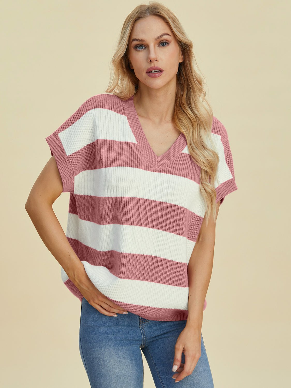 Double Take Full Size Striped V - Neck Short Sleeve Sweater - Loulou Boutique
