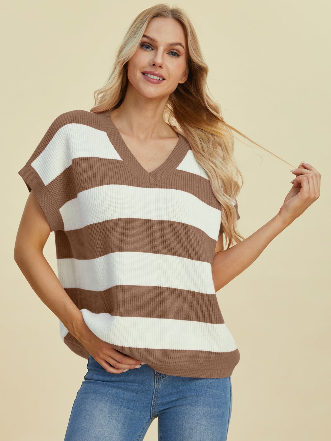 Double Take Full Size Striped V - Neck Short Sleeve Sweater - Loulou Boutique