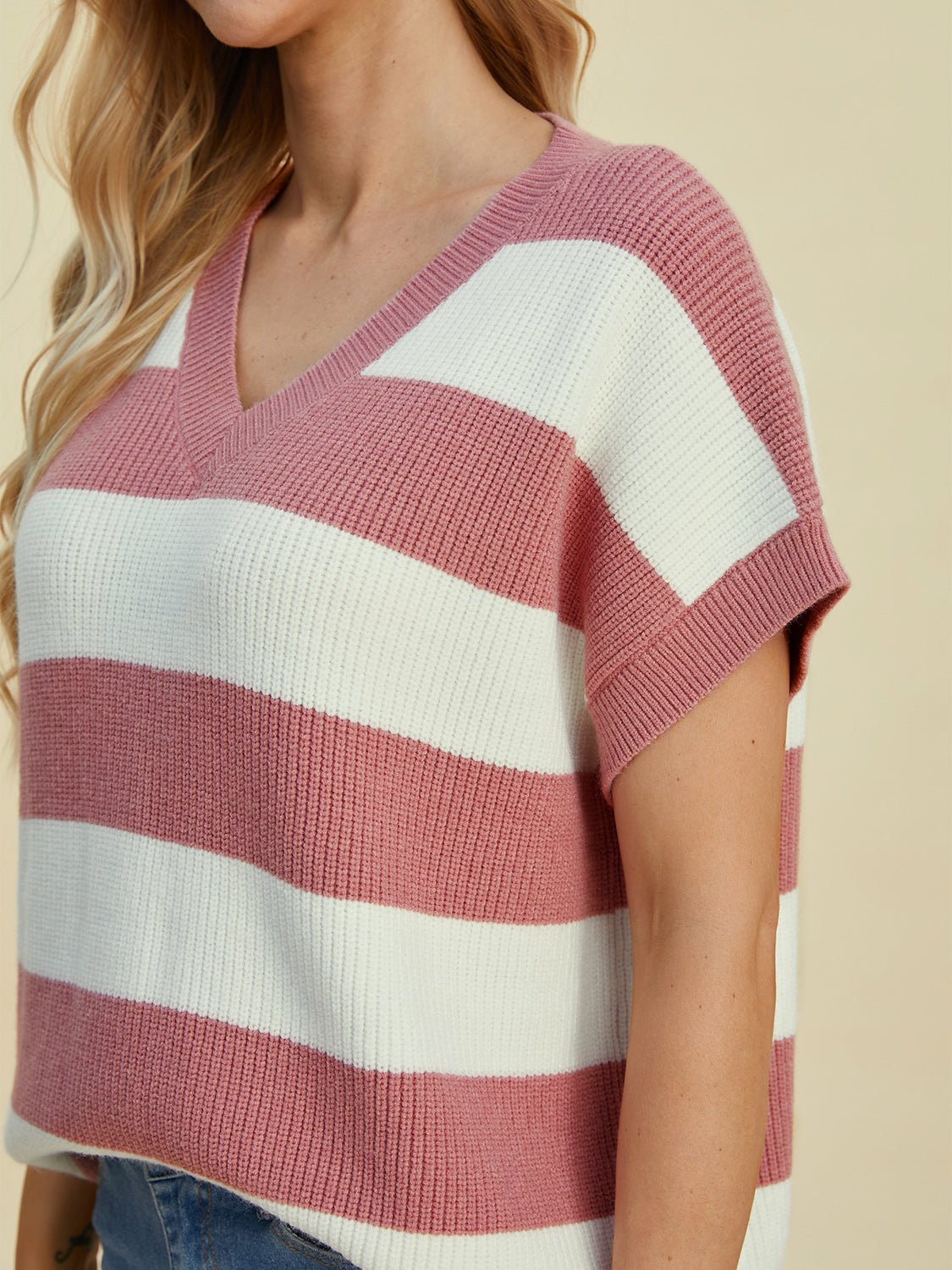 Double Take Full Size Striped V - Neck Short Sleeve Sweater - Loulou Boutique