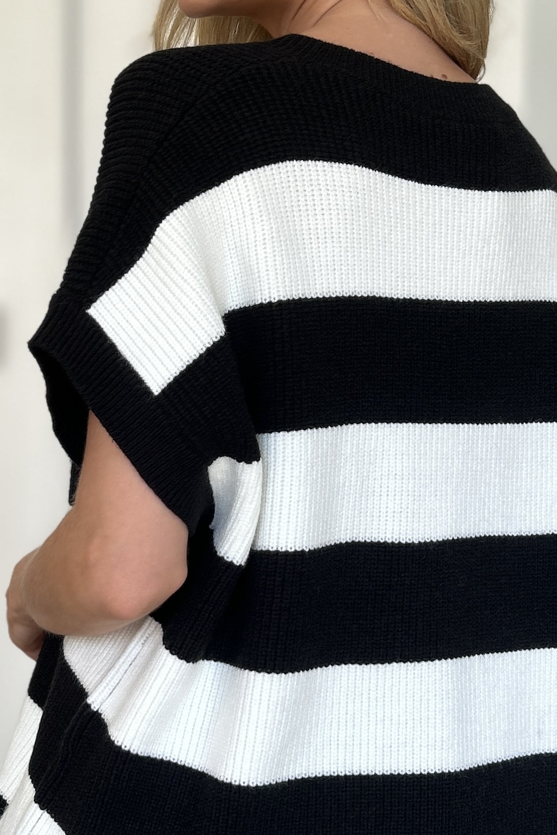 Double Take Full Size Striped V - Neck Short Sleeve Sweater - Loulou Boutique