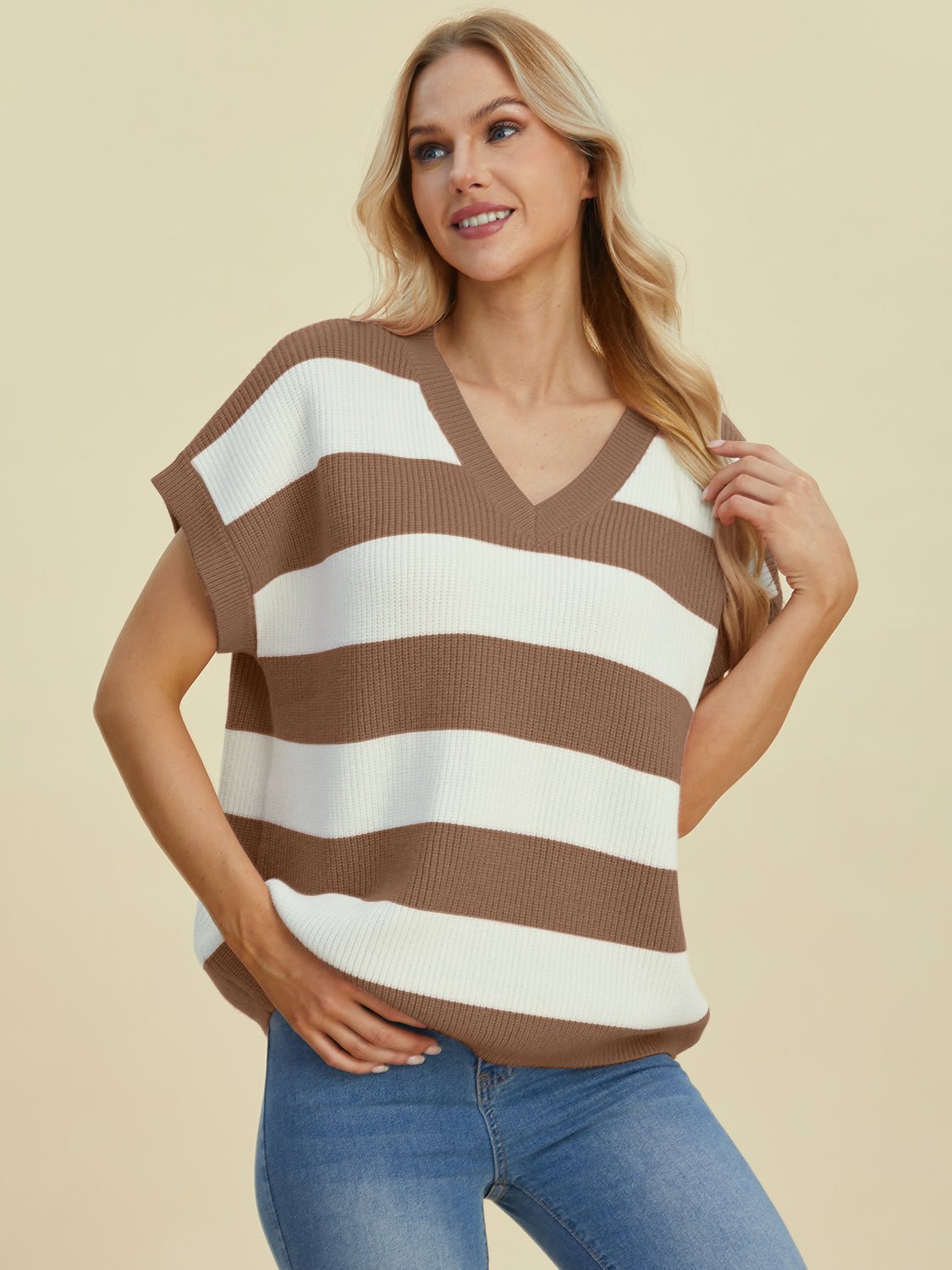 Double Take Full Size Striped V - Neck Short Sleeve Sweater - Loulou Boutique