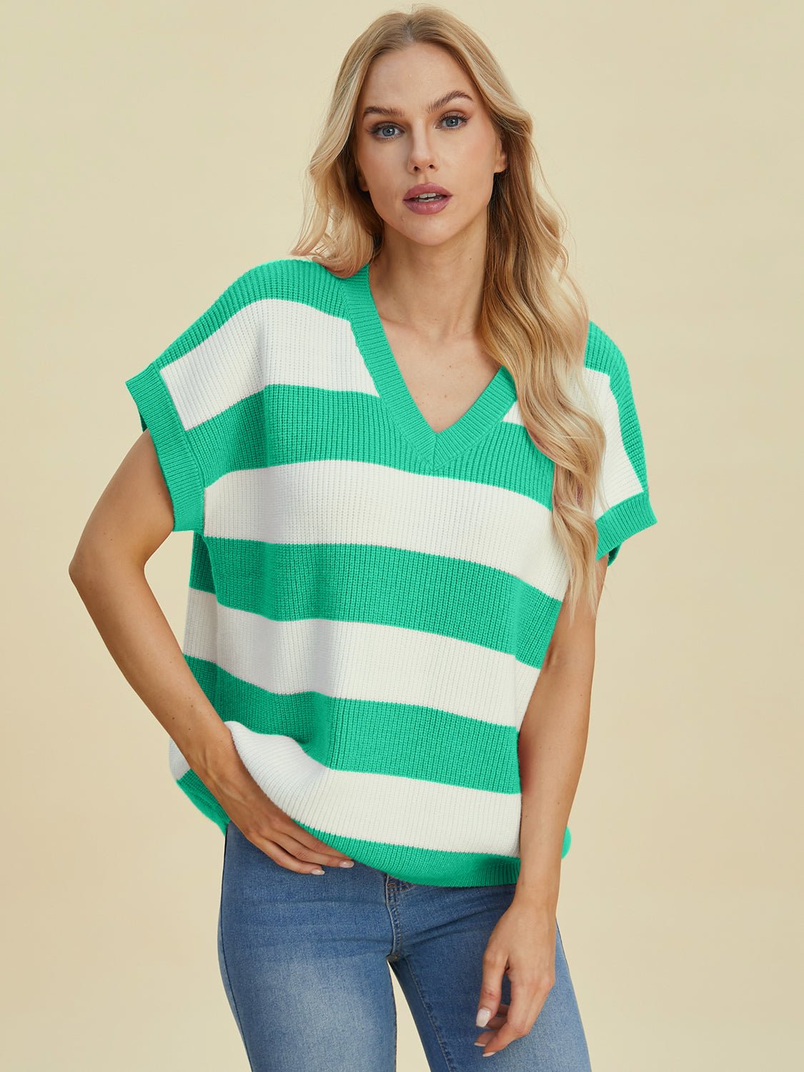 Double Take Full Size Striped V - Neck Short Sleeve Sweater - Loulou Boutique