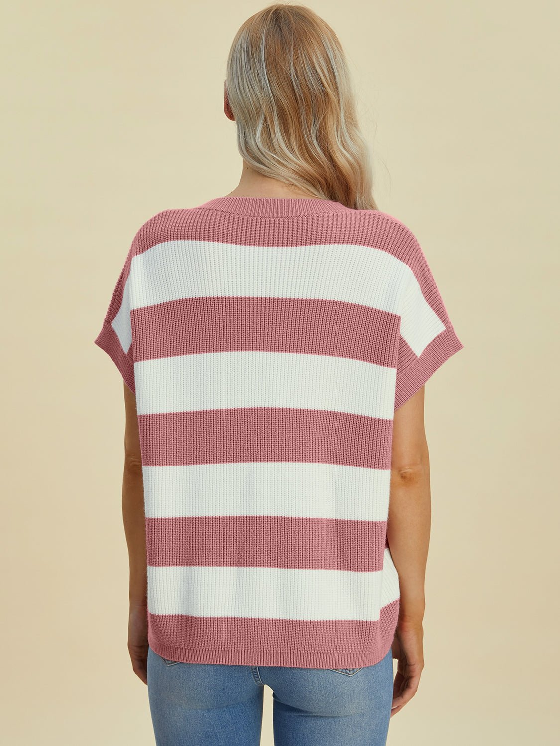Double Take Full Size Striped V - Neck Short Sleeve Sweater - Loulou Boutique